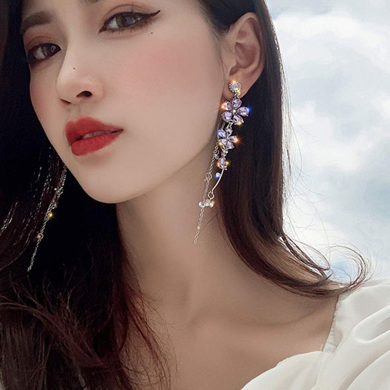 fxmimior Silver Long Flower Earrings Purple Rhinestones Big Dainty Floral Drop Earrings Statement Charm Earring Body Jewelry for Women - Image 3